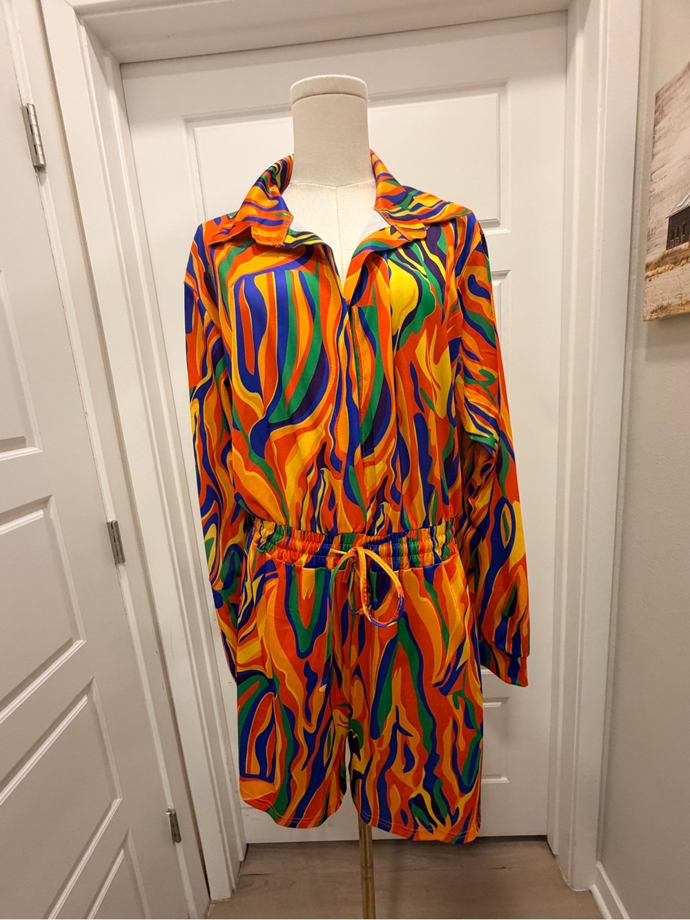 SOLD!!!! Vibrant Multi-Color Drawstring Waist Long-Sleeve Romper - Picture 4 of 7